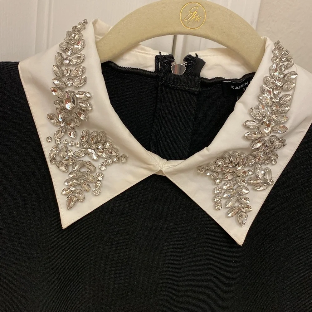 Karen Millen Black Sheath Dress with Notched Collar and Bishop Sleeves - Picture 2 of 15